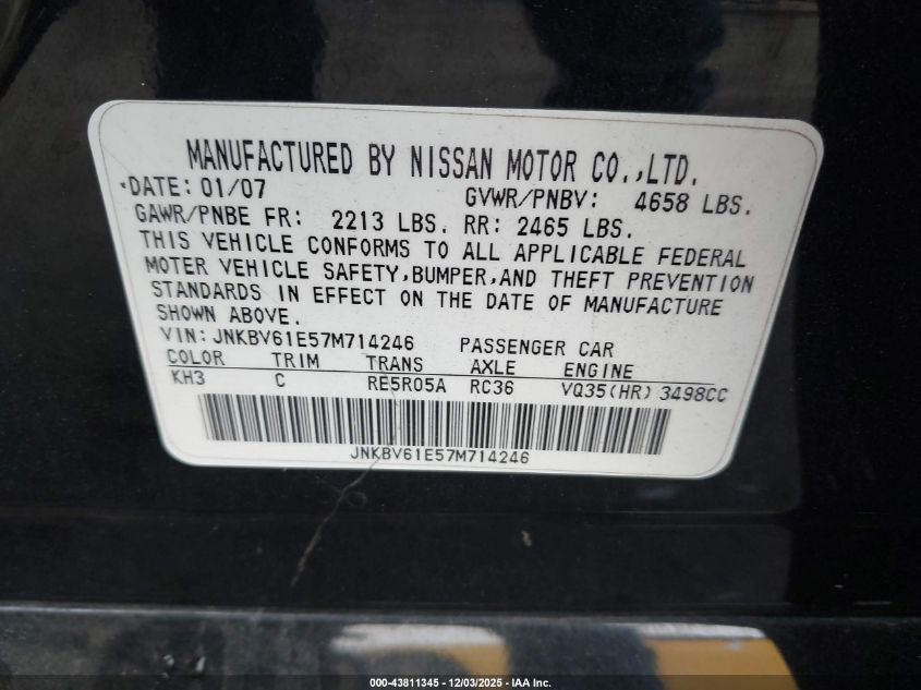 2007 Infiniti G35 Journey VIN: JNKBV61E57M714246 Lot: 43811345