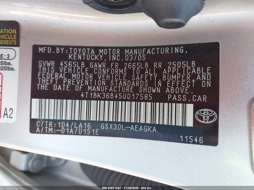 2005 Toyota Avalon Xls VIN: 4T1BK36B45U017585 Lot: 43811347