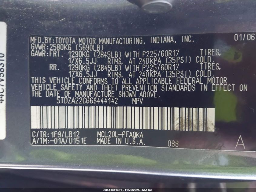 2006 Toyota Sienna Xle Limited VIN: 5TDZA22C66S444142 Lot: 43811351