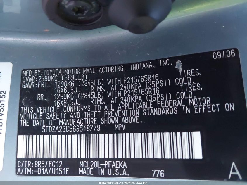 2006 Toyota Sienna Le VIN: 5TDZA23C56S548779 Lot: 43811353