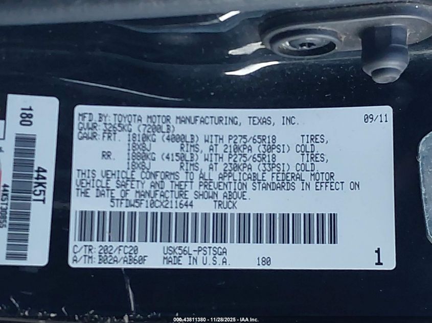 2012 Toyota Tundra Grade 5.7L V8 VIN: 5TFDW5F10CX211644 Lot: 43811380