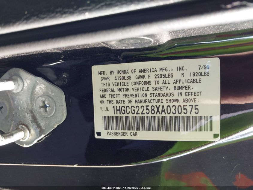 1999 Honda Accord Ex V6 VIN: 1HGCG2258XA030575 Lot: 43811382