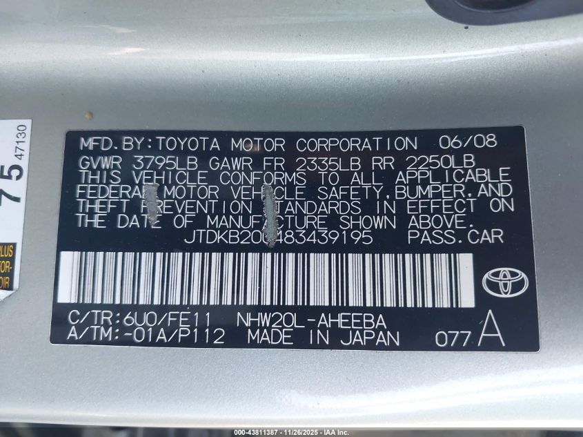 2008 Toyota Prius VIN: JTDKB20U483439195 Lot: 43811387