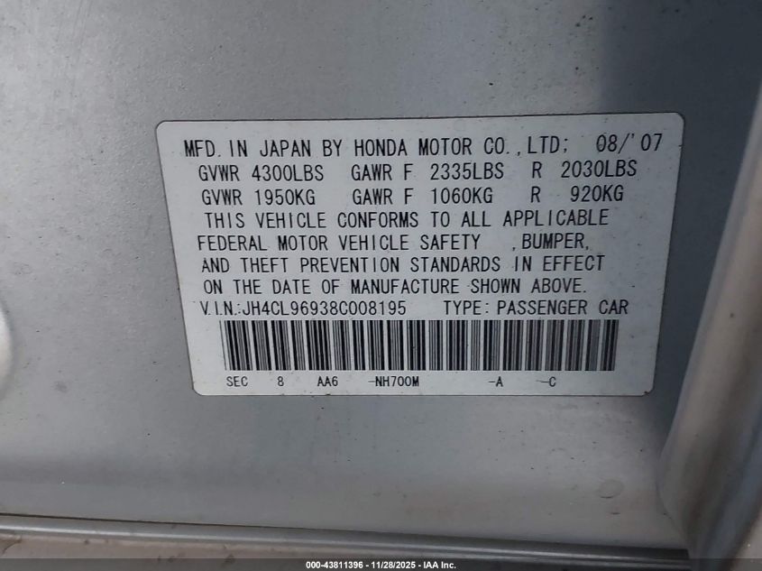 2008 Acura Tsx VIN: JH4CL96938C008195 Lot: 43811396