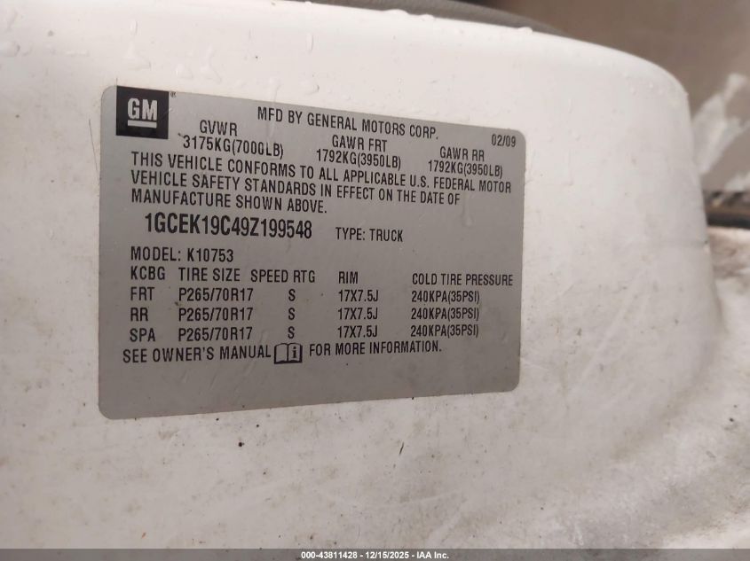 2009 Chevrolet Silverado 1500 Work Truck VIN: 1GCEK19C49Z199548 Lot: 43811428