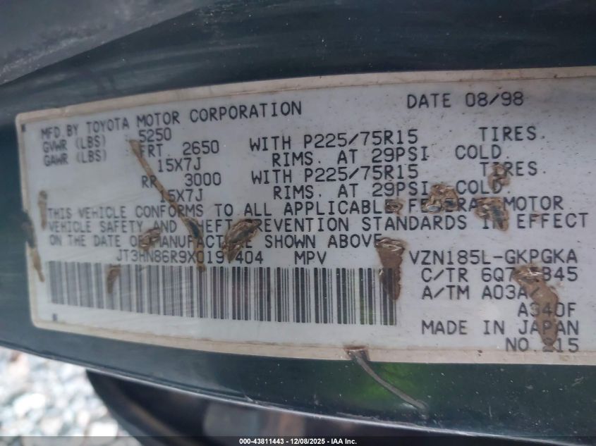 1999 Toyota 4Runner Sr5 V6 VIN: JT3HN86R9X0197404 Lot: 43811443