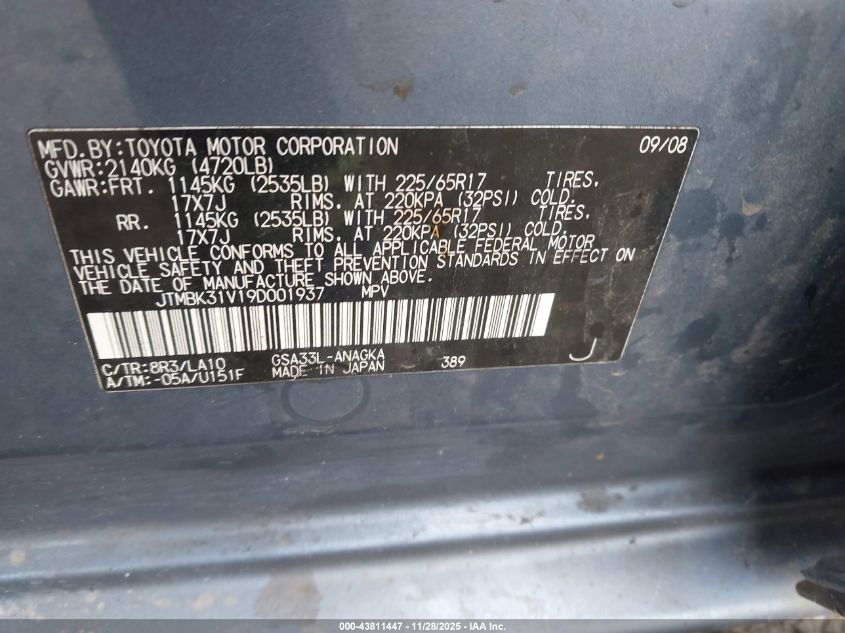 2009 Toyota Rav4 Limited V6 VIN: JTMBK31V19D001937 Lot: 43811447