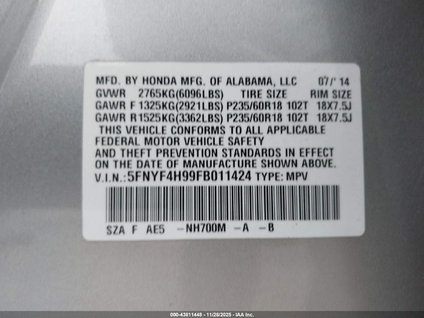 2015 Honda Pilot Touring VIN: 5FNYF4H99FB011424 Lot: 43811448