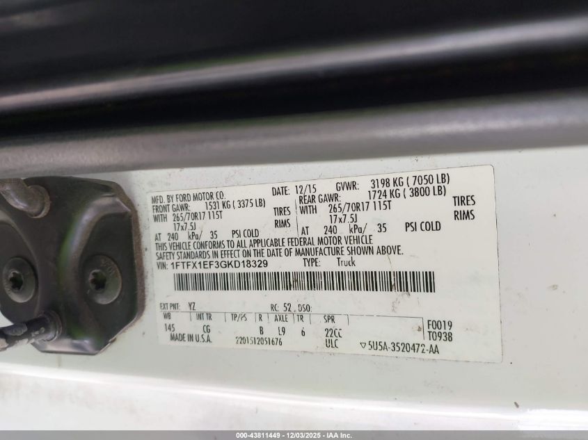 2016 Ford F-150 Xl VIN: 1FTFX1EF3GKD18329 Lot: 43811449