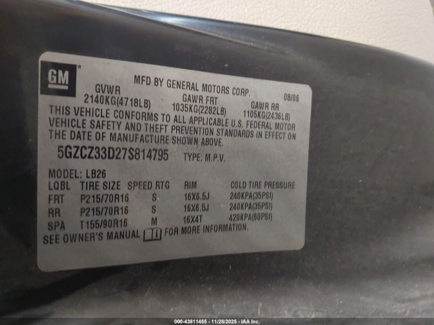 2007 Saturn Vue 4 Cyl VIN: 5GZCZ33D27S814795 Lot: 43811455