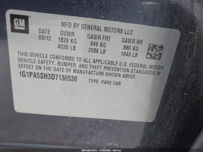 2013 Chevrolet Cruze Ls Auto VIN: 1G1PA5SH3D7136530 Lot: 43811470