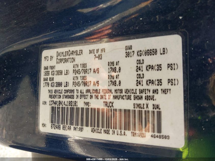 2004 Dodge Ram 1500 Slt/Laramie VIN: 1D7HA18N14J103181 Lot: 43811495