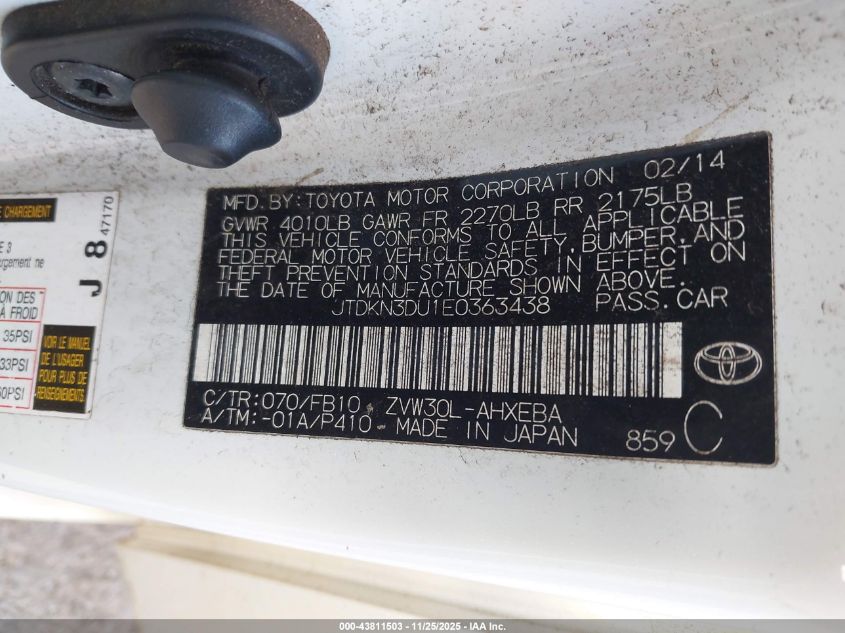 2014 Toyota Prius Five/Four/Three/Two VIN: JTDKN3DU1E0363438 Lot: 43811503