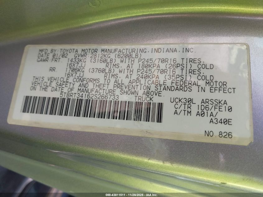 2002 Toyota Tundra Sr5 V8 VIN: 5TBRT34162S266733 Lot: 43811511