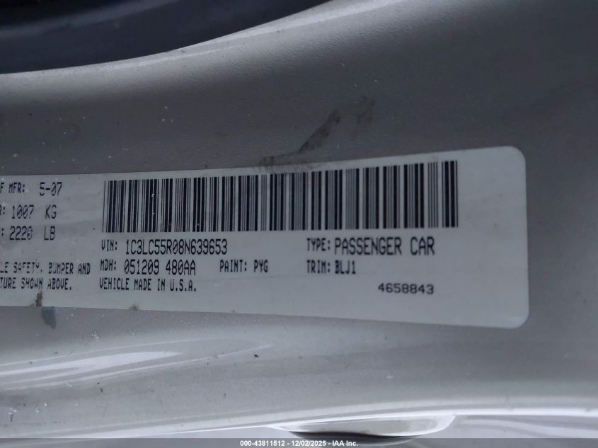 2008 Chrysler Sebring Touring VIN: 1C3LC55R08N639653 Lot: 43811512