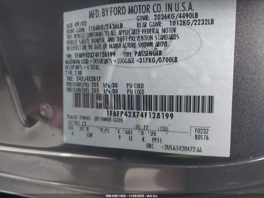 2004 Ford Mustang Gt VIN: 1FAFP42X74F128199 Lot: 43811520