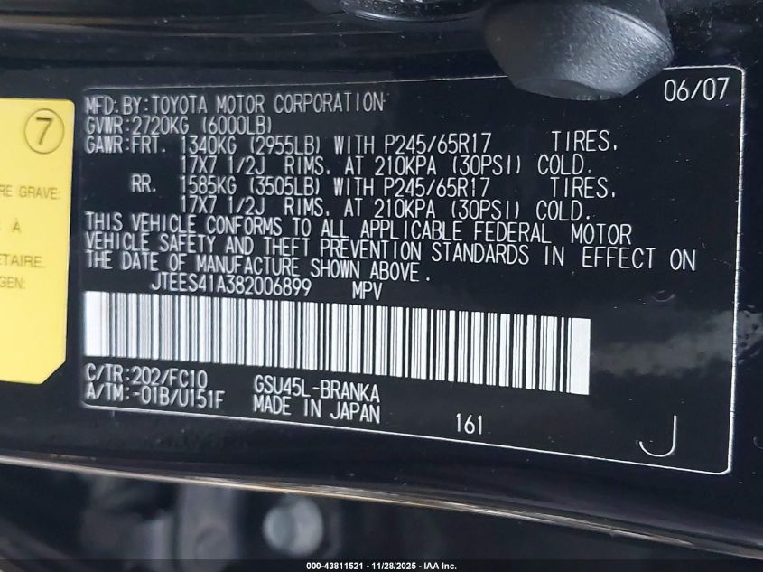 2008 Toyota Highlander VIN: JTEES41A382006899 Lot: 43811521