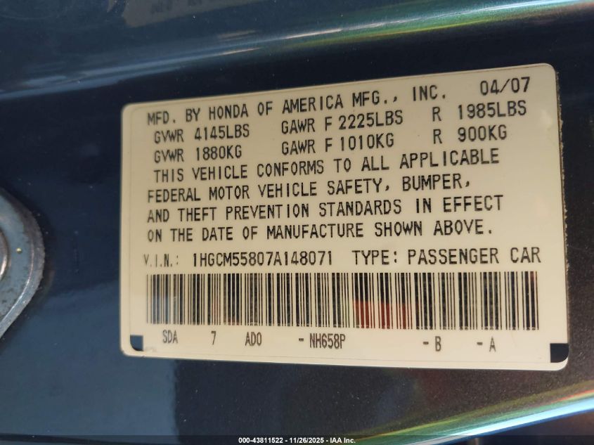 2007 Honda Accord 2.4 Ex VIN: 1HGCM55807A148071 Lot: 43811522