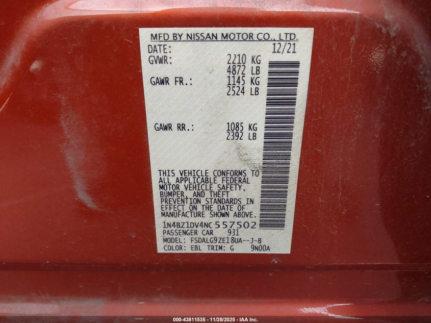 2022 Nissan Leaf Sl Plus 62 Kwh VIN: 1N4BZ1DV4NC557502 Lot: 43811535