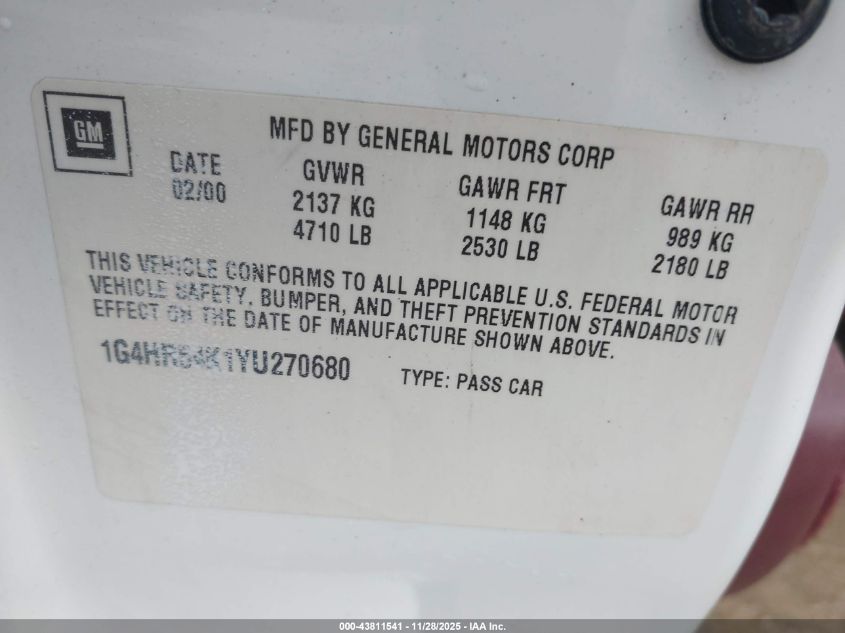 2000 Buick Lesabre Limited VIN: 1G4HR54K1YU270680 Lot: 43811541