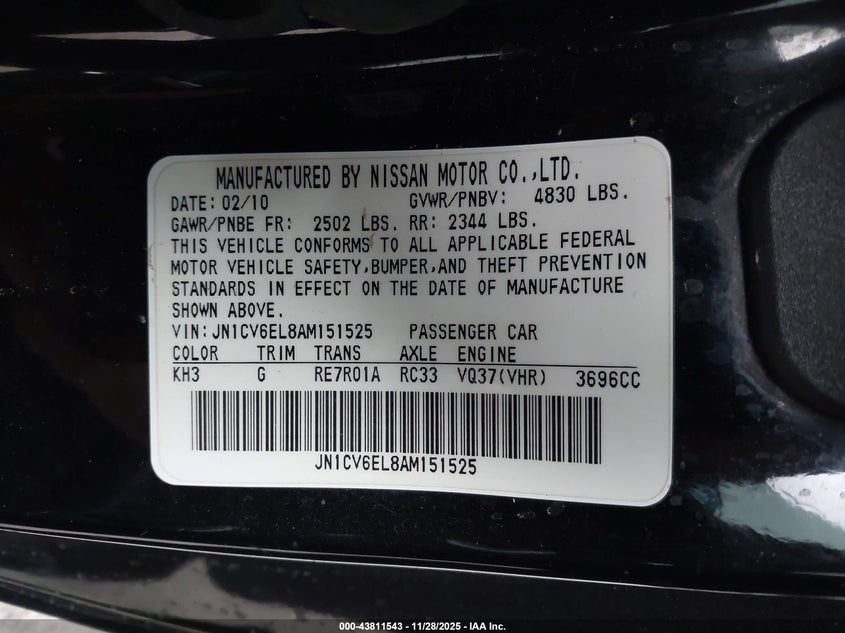 2010 Infiniti G37X VIN: JN1CV6EL8AM151525 Lot: 43811543