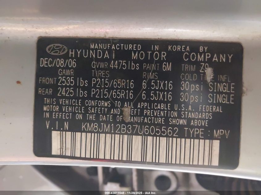2007 Hyundai Tucson Gls VIN: KM8JM12B37U605562 Lot: 43811548