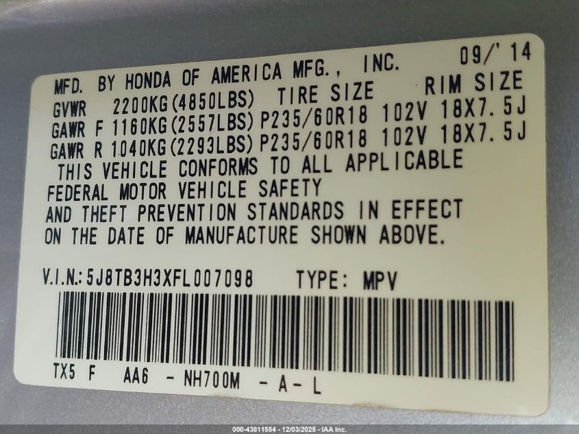 2015 Acura Rdx VIN: 5J8TB3H3XFL007098 Lot: 43811554