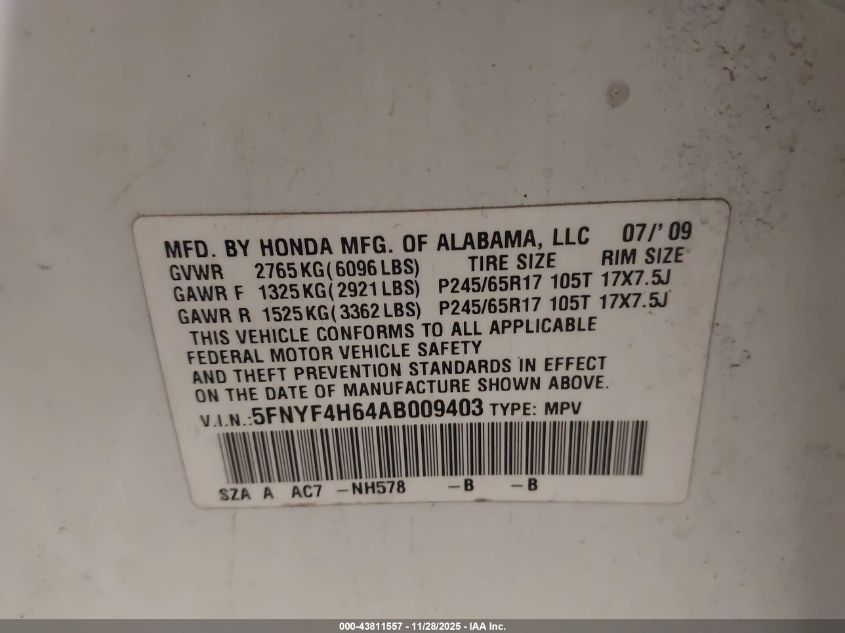 2010 Honda Pilot Ex-L VIN: 5FNYF4H64AB009403 Lot: 43811557