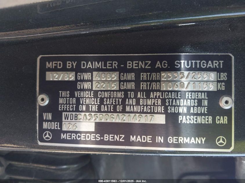1986 Mercedes-Benz 420 Sel VIN: WDBCA35D0GA214917 Lot: 43811563