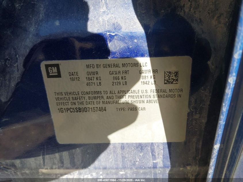 2013 Chevrolet Cruze 1Lt Auto VIN: 1G1PC5SB9D7157484 Lot: 43811564