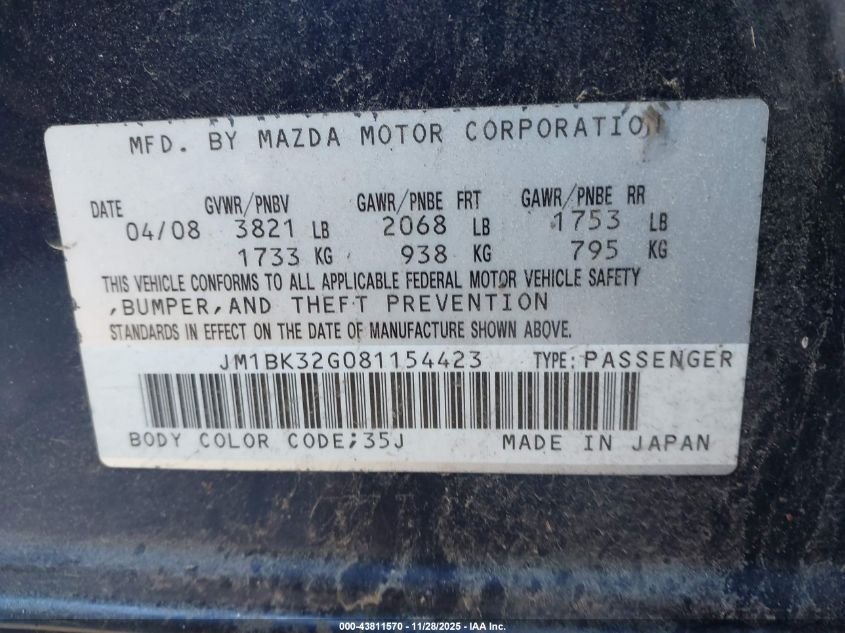 2008 Mazda Mazda3 I Sport VIN: JM1BK32G081154423 Lot: 43811570