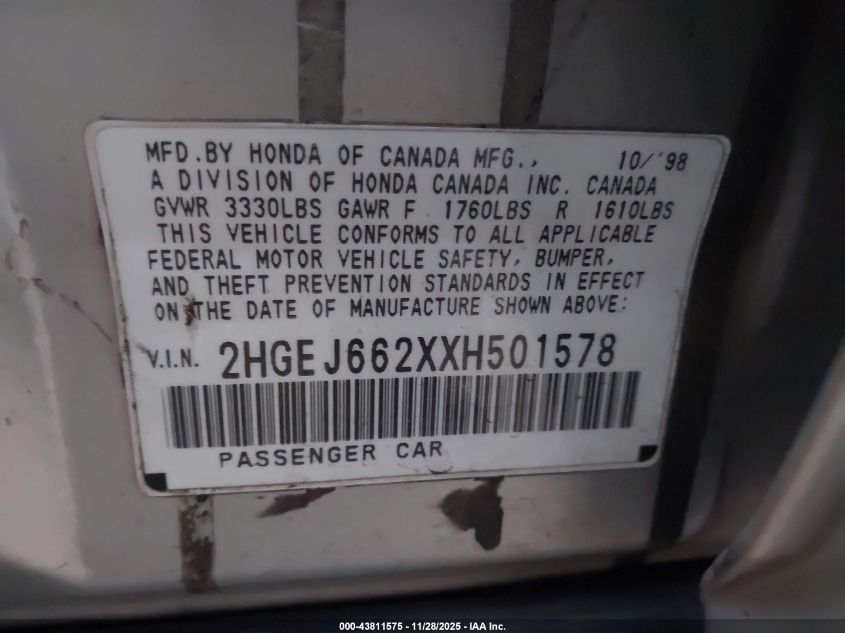 1999 Honda Civic Dx VIN: 2HGEJ662XXH501578 Lot: 43811575