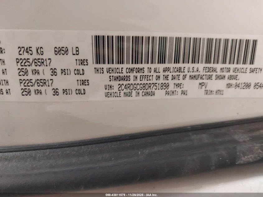 2013 Dodge Grand Caravan Sxt VIN: 2C4RDGCG8DR751890 Lot: 43811578