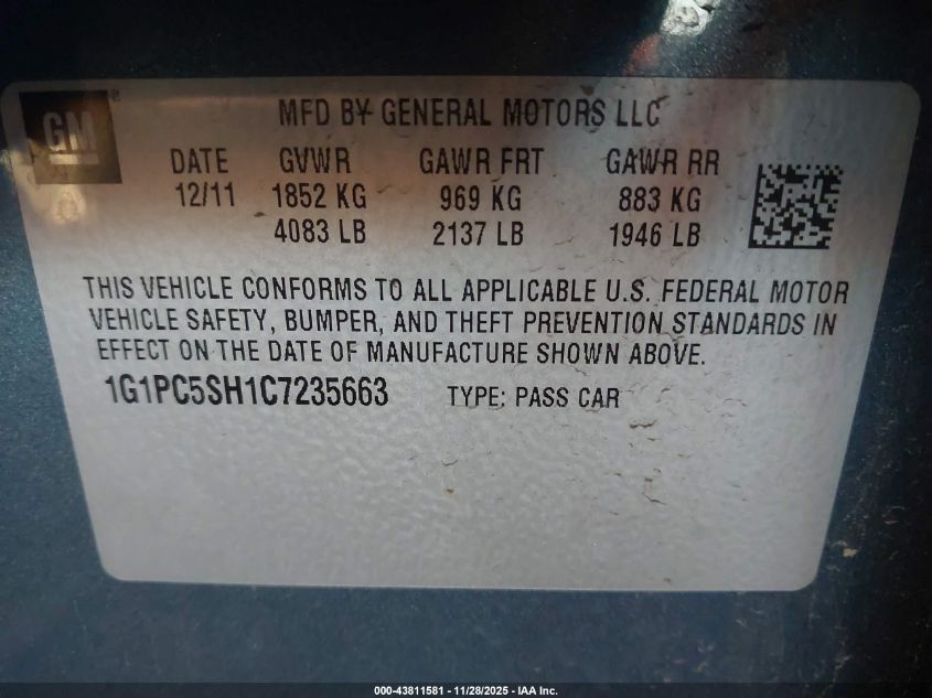2012 Chevrolet Cruze Ls VIN: 1G1PC5SH1C7235663 Lot: 43811581