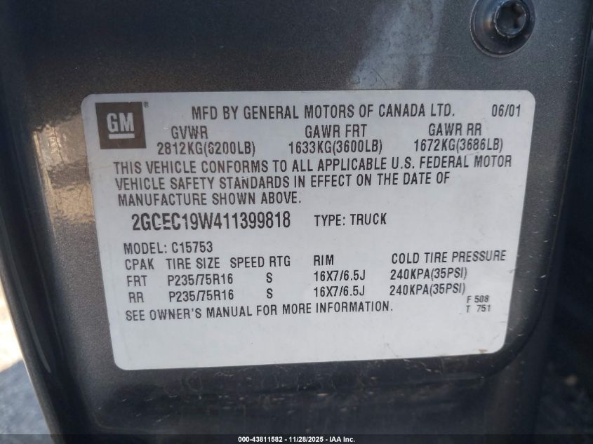 2001 Chevrolet Silverado 1500 Ls VIN: 2GCEC19W411399818 Lot: 43811582