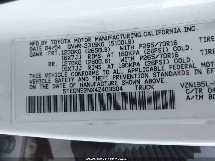 2004 Toyota Tacoma Prerunner V6 VIN: 5TEGN92NX4Z409304 Lot: 43811583