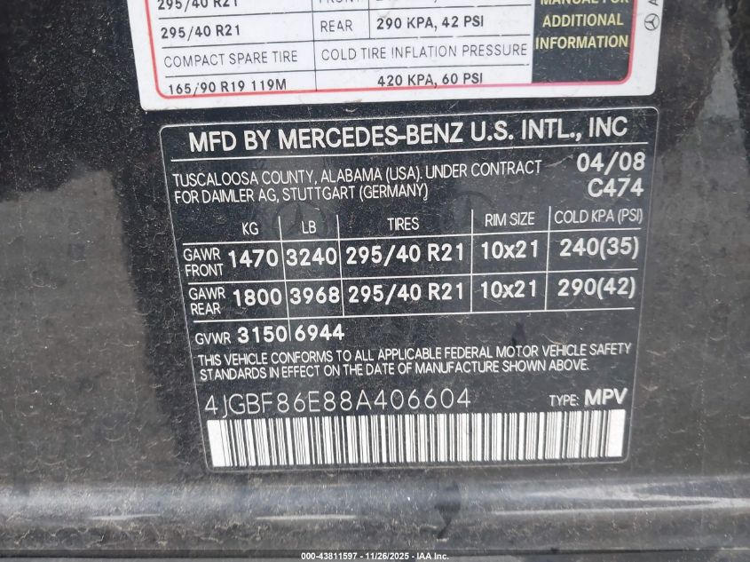 2008 Mercedes-Benz Gl 550 4Matic VIN: 4JGBF86E88A406604 Lot: 43811597