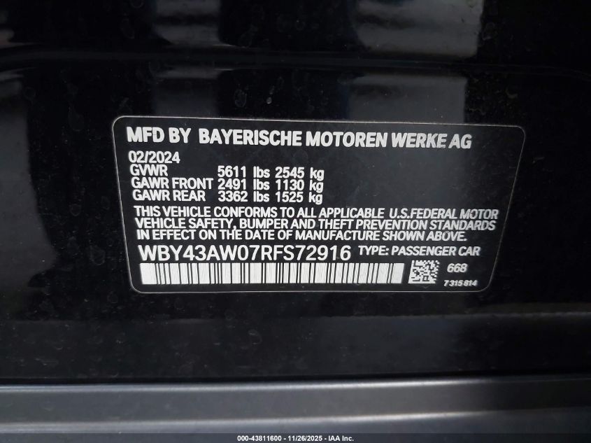 2024 BMW I4 Gran Coupe Edrive35 VIN: WBY43AW07RFS72916 Lot: 43811600