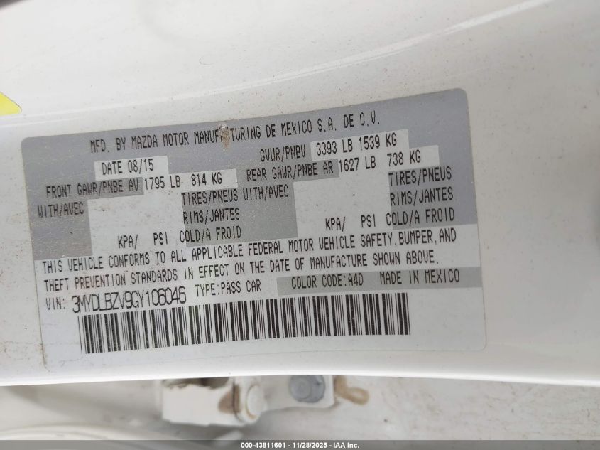 2016 Scion Ia VIN: 3MYDLBZV9GY106046 Lot: 43811601