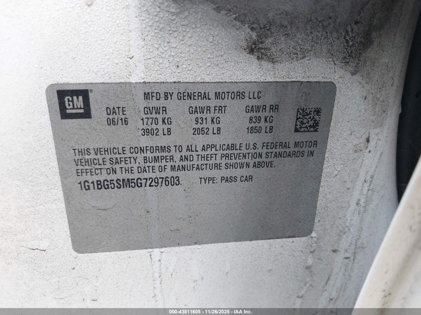 2016 Chevrolet Cruze Premier Auto VIN: 1G1BG5SM5G7297603 Lot: 43811605