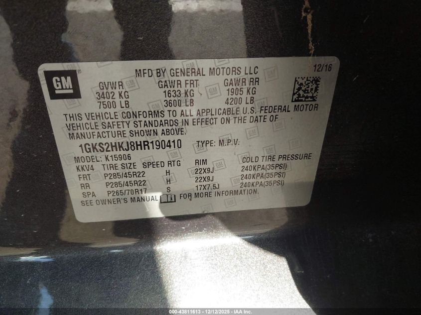 2017 GMC Yukon Xl Denali VIN: 1GKS2HKJ8HR190410 Lot: 43811613