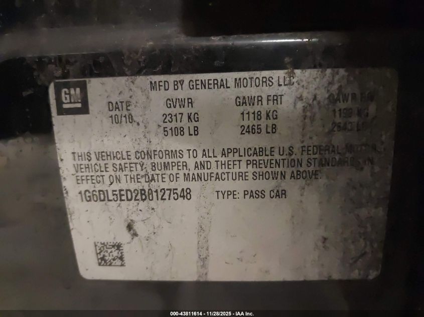 2011 Cadillac Cts Standard VIN: 1G6DL5ED2B0127548 Lot: 43811614