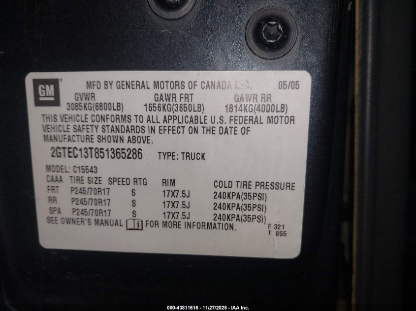 2005 GMC Sierra 1500 Sle VIN: 2GTEC13T851365286 Lot: 43811616