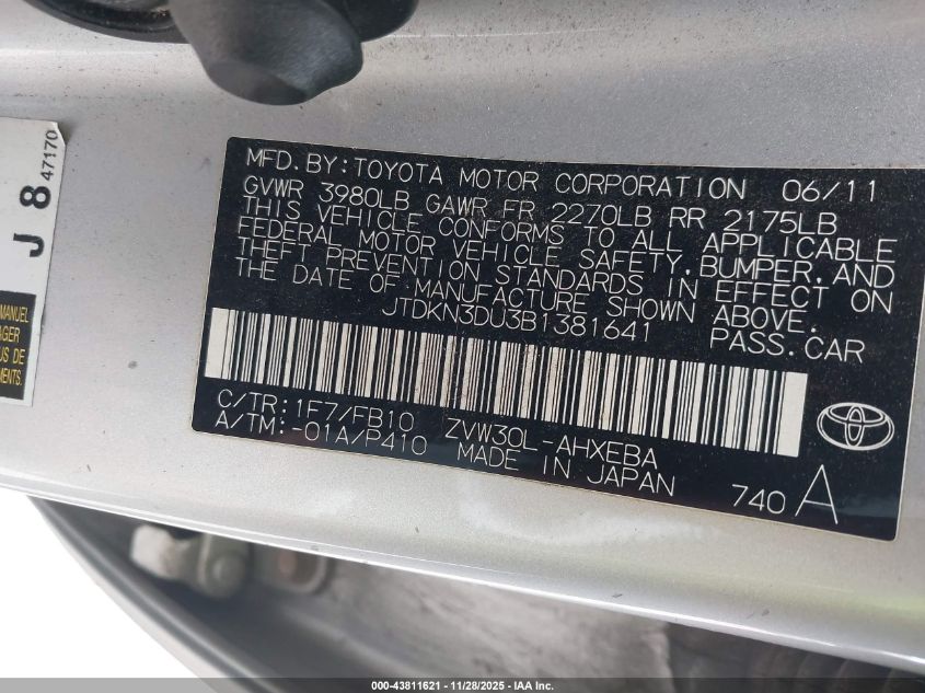 2011 Toyota Prius Two VIN: JTDKN3DU3B1381641 Lot: 43811621