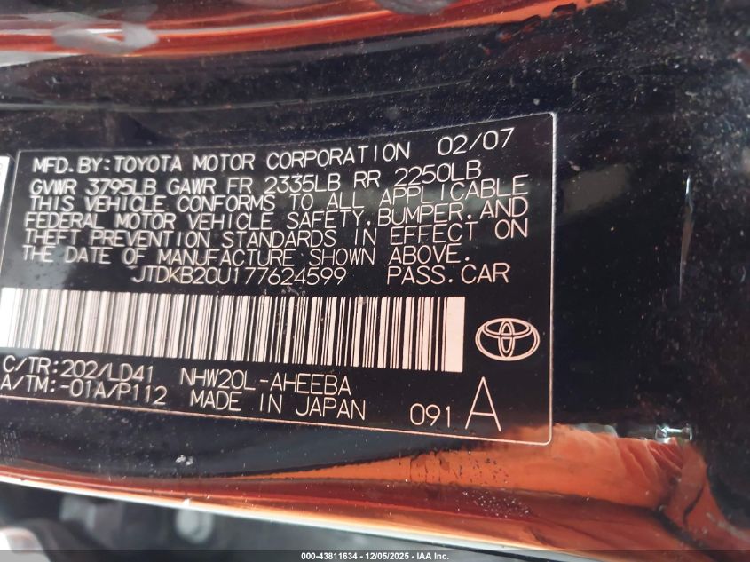 2007 Toyota Prius VIN: JTDKB20U177624599 Lot: 43811634
