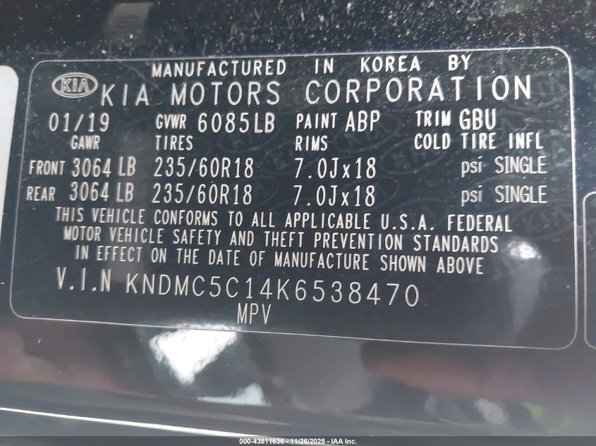 2019 Kia Sedona Ex VIN: KNDMC5C14K6538470 Lot: 43811636