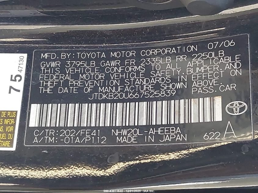 2006 Toyota Prius VIN: JTDKB20U667525839 Lot: 43811640