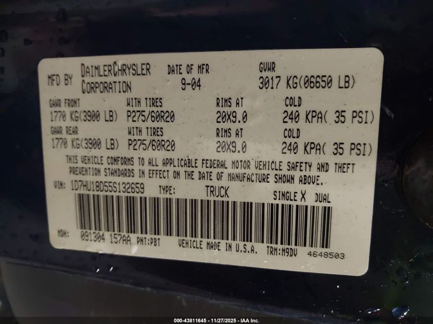 2005 Dodge Ram 1500 Slt/Laramie VIN: 1D7HU18D55S132659 Lot: 43811645