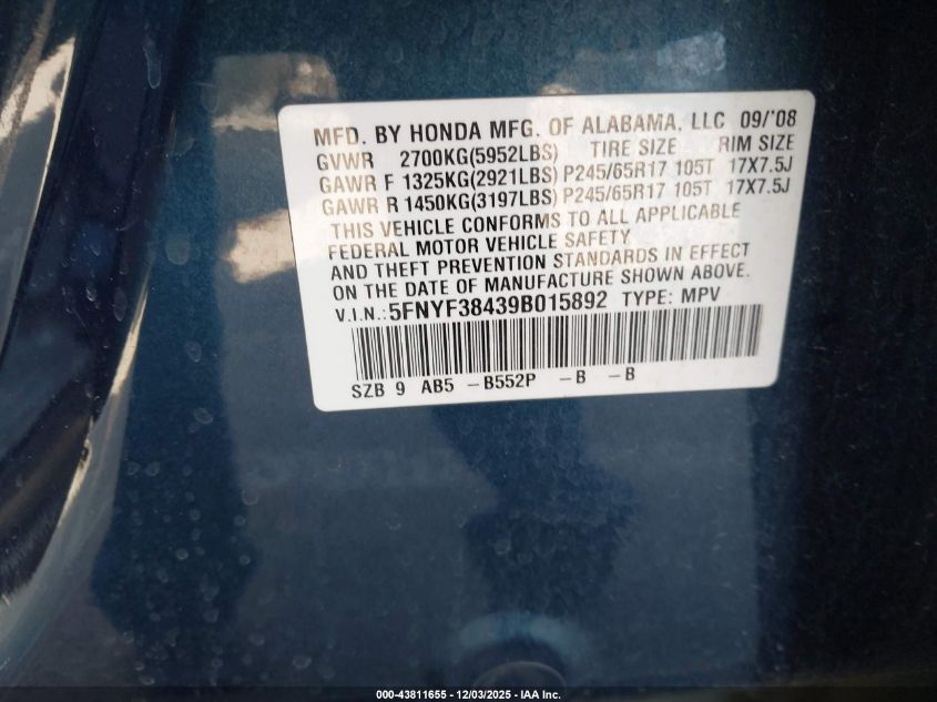 2009 Honda Pilot Ex VIN: 5FNYF38439B015892 Lot: 43811655