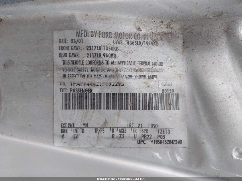 2001 Ford Mustang VIN: 1FAFP44421F192293 Lot: 43811663